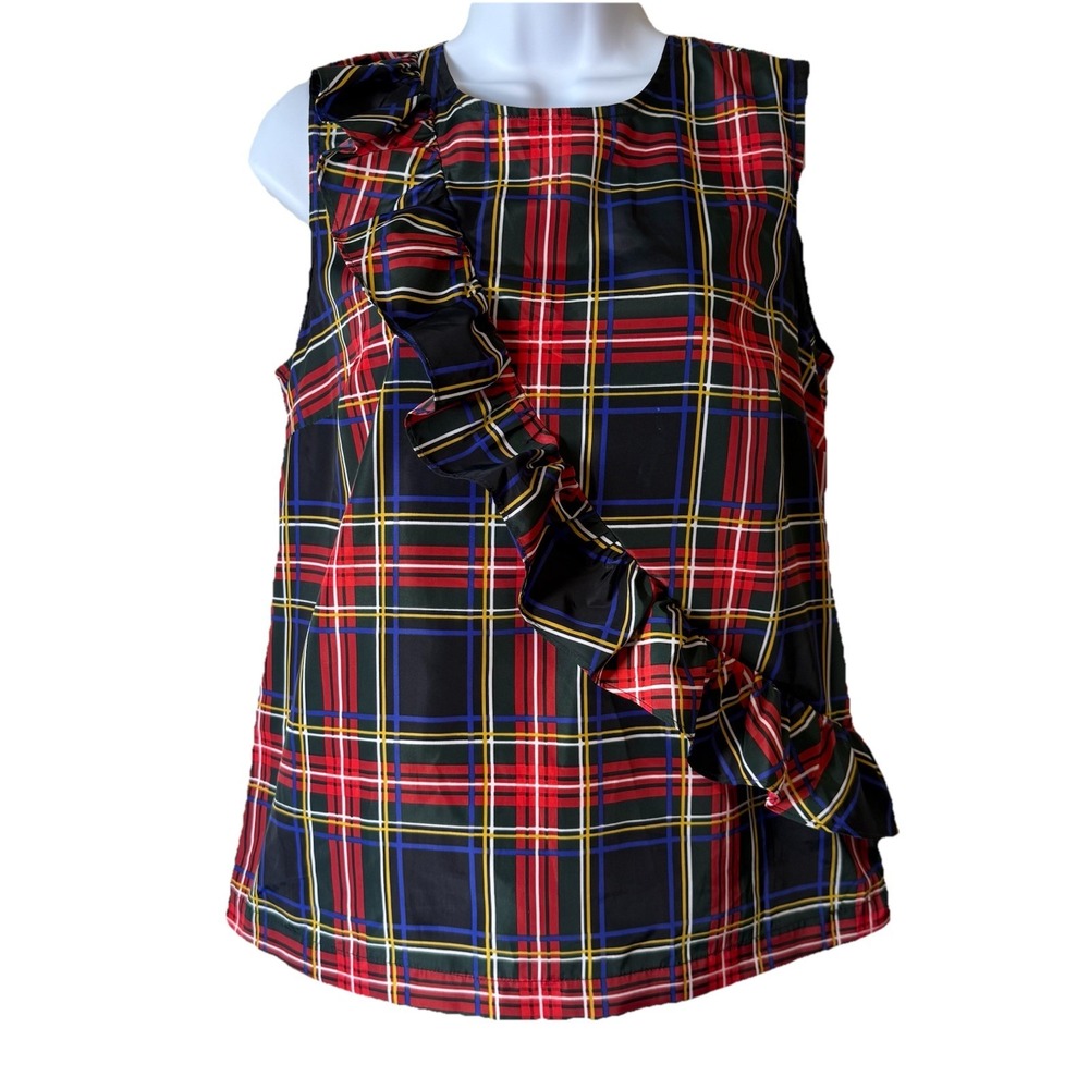 J.Crew‎ Steward Tartan Plaid Ruffle Sleeveless Top Tank bliss Sz 2 Holiday Party